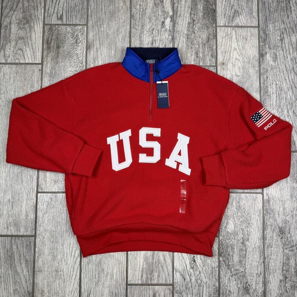 Polo Ralph Lauren Men’s Red Fleece 1/4 Zip Mock Neck USA Flag Sweatshirt Size M